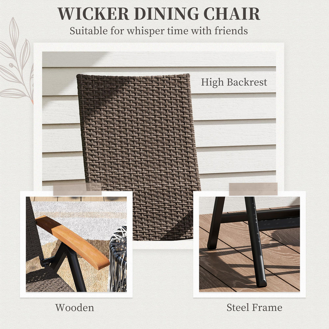 Outsunny Folding Wicker Patio Dining Chair with 5-level Reclining Back, Wooden Armrests for Outdoor, Garden, Backyard, Brown
