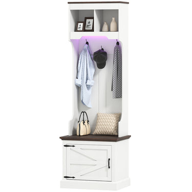 HOMCOM 3-in-1 Hall Tree with LED Lights and Bench, Coat Rack with Shoe Storage, White Wood Grain with Light