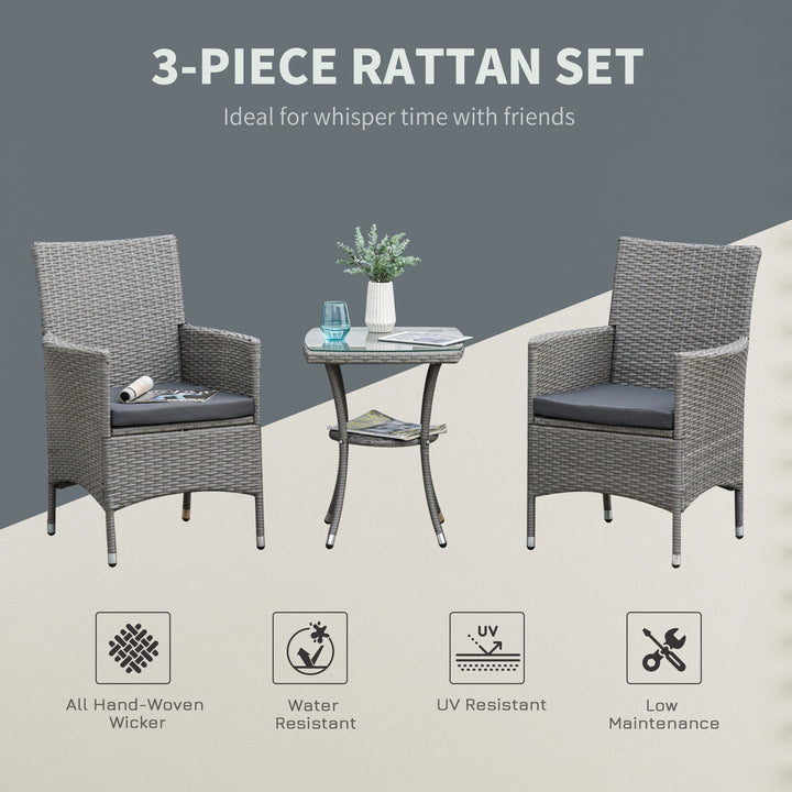 Outsunny 3 Pieces Wicker Patio Furniture Set, Rattan Bistro Set with Glass Top Coffee Table and Cushions, Outdoor Conversation Set for Garden, Porch, Balcony, Grey