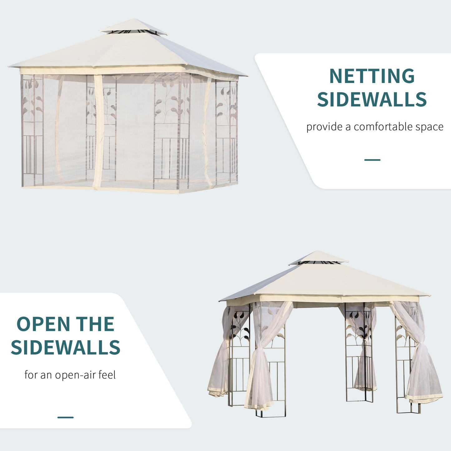 Outsunny 10'x10' Soft-top Steel Patio Gazebo Outdoor Sun Shelter with 2-Tier Polyester Roof, Curtain Sidewalls, White
