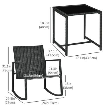 Outsunny 3 Pieces Rocking Bistro Set, Outdoor Wicker Patio Furniture with Glass Coffee Table and Outside Rocking Chairs for Porch, Conversation Sets with Thick Cushions, Blue