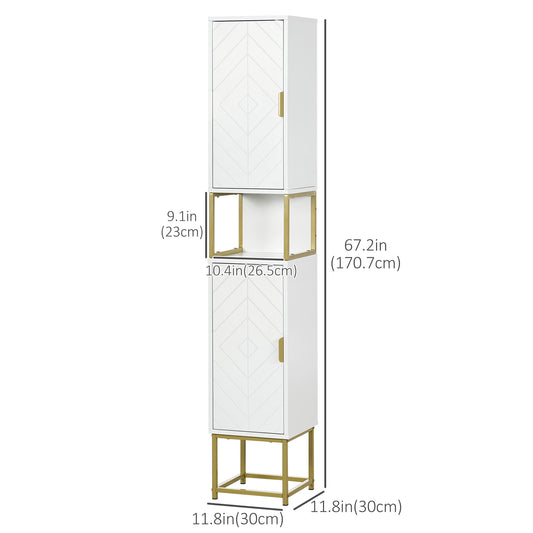 kleankin Tall Bathroom Storage Cabinet, Modern Narrow Bathroom Cabinet with Diamond Chevron Pattern and Adjustable Shelf, White