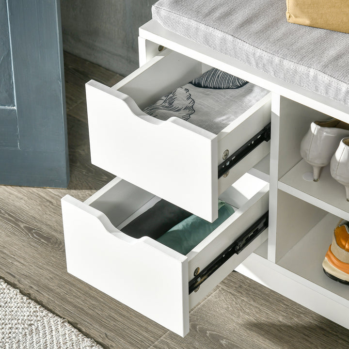 HOMCOM Upholstered Shoe Storage Bench w/ Seat, Entrance Bench w/ Drawer Open Shelves and Pocket for Hallway, White