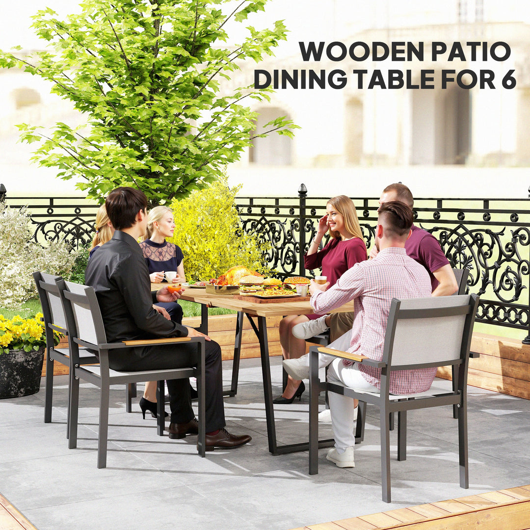 Outsunny Wooden Outdoor Dining Table for 6 with 2" Umbrella Hole, Slatted Tabletop, Metal Frame, for Yard, Deck, Lawn