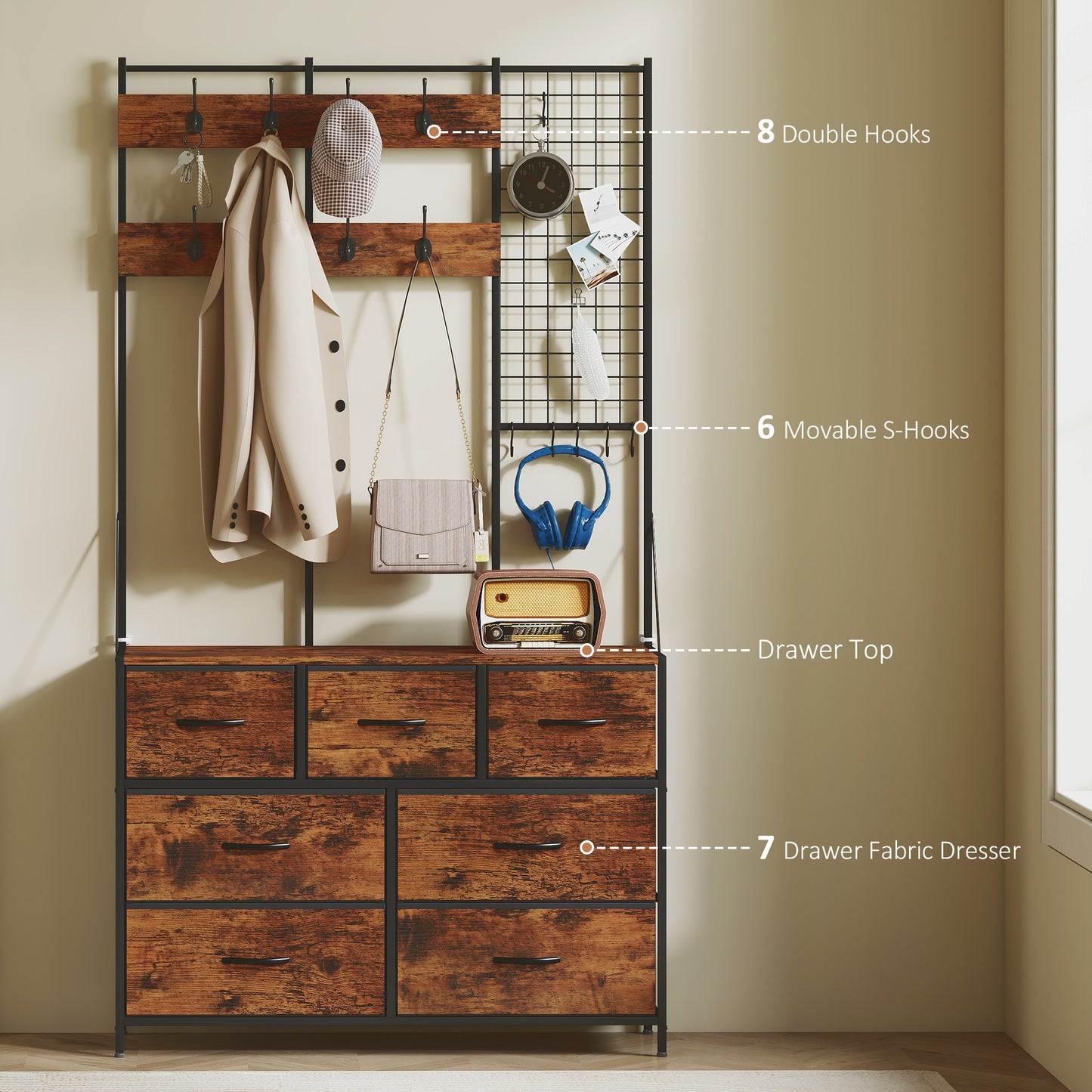 HOMCOM 4-In-1 Coat Rack with 7 Drawer Fabric Dresser, Hall Tree with 14 Hooks for Hallway, Entryway, Bedroom, Rustic Brown
