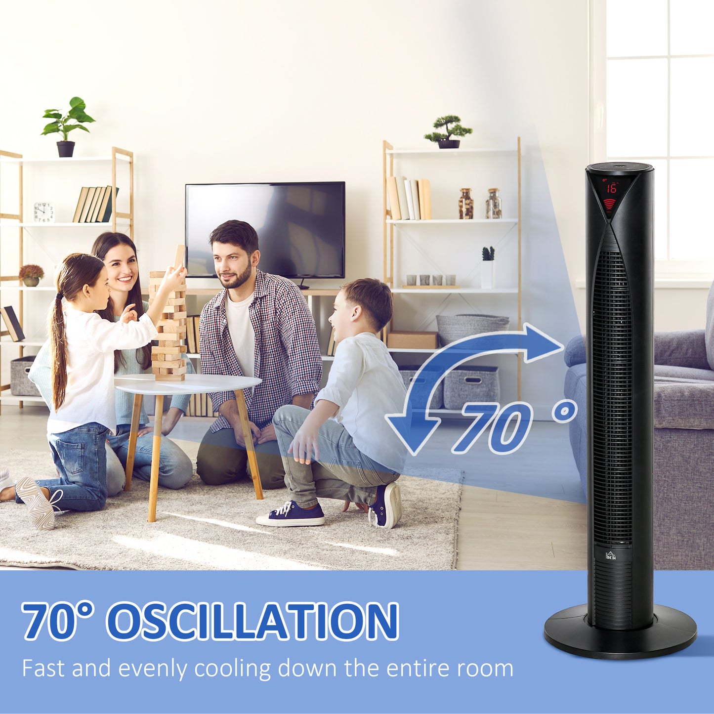 HOMCOM Freestanding Tower Fan Cooling for Home Bedroom with 3 Speed, 12h Timer, Oscillating, LED Sensor Panel, Remote Controller, White