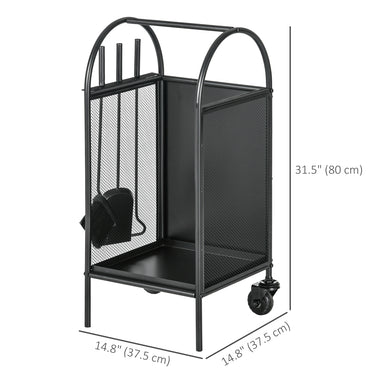 Outsunny 15" Outdoor Firewood Rack with Wheels and Tools, Heavy Duty Wood Storage Stacker, Indoor Outdoor Log Rack, Black