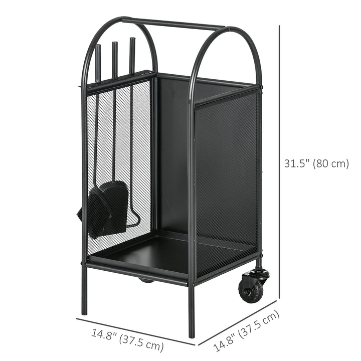 Outsunny 15" Outdoor Firewood Rack with Wheels and Tools, Heavy Duty Wood Storage Stacker, Indoor Outdoor Log Rack, Black