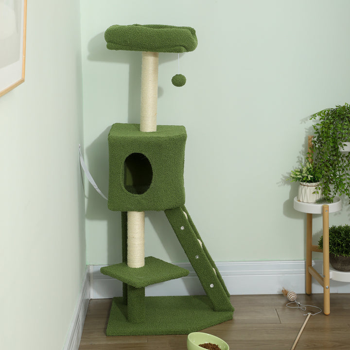 PawHut 47" Tall Cat Tree Tower with Condo, Ladder, Scratching Posts and Hanging Ball, Light Grey