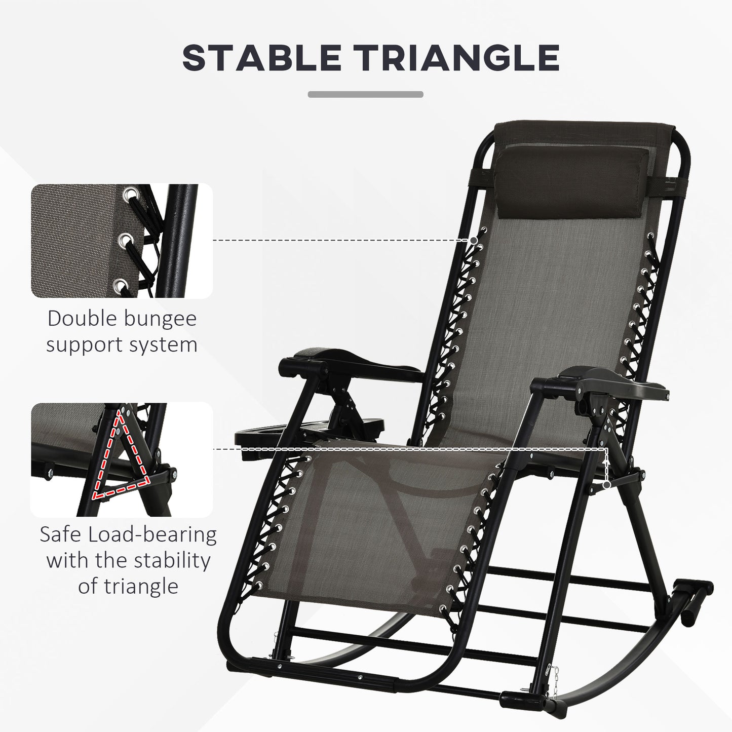 Outsunny 2 in 1 Adjustable Zero Gravity Reclining Lounge Chair Garden Recliner and Rocker Foldable Sun Lounger Napping Seat w/ Headrest & Tray Grey