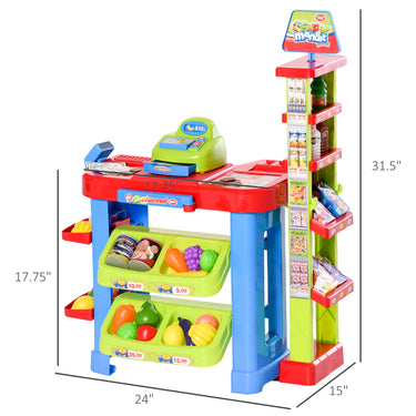 Qaba Supermarket Playset Cash Register Toy for Kids, 50 Pcs Grocery Store Pretend Play Toy with Food, Check-Out Counter, Scanner, Shelves, Gift for Boys Girls Age 3 4 5 6