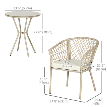Outsunny 3 Pieces Patio Furniture Outdoor PE Rattan Bistro Set w/ Seat Cushions, Glass Table for Garden, Backyard, Beige
