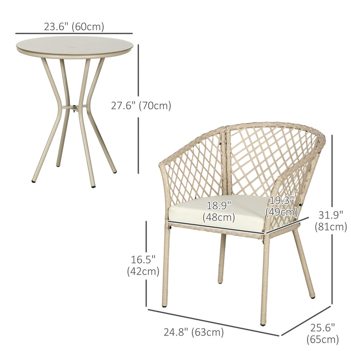 Outsunny 3 Pieces Patio Furniture Outdoor PE Rattan Bistro Set w/ Seat Cushions, Glass Table for Garden, Backyard, Beige