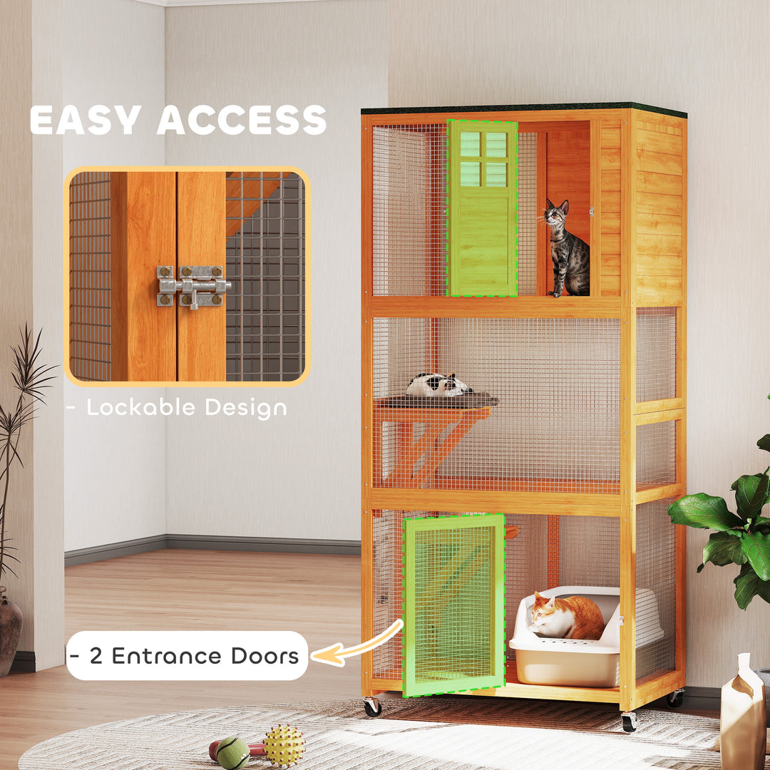 PawHut 74" Wooden Outdoor Cat House Weatherproof & Wheeled with High Weight Capacity, Kitten Cage Condo, White