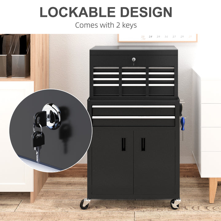HOMCOM 6-Drawer Rolling Tool Chest, 2 in 1 Lockable Storage Cabinet with Hooks, Metal Tool Box for Garage, Workshop, Black