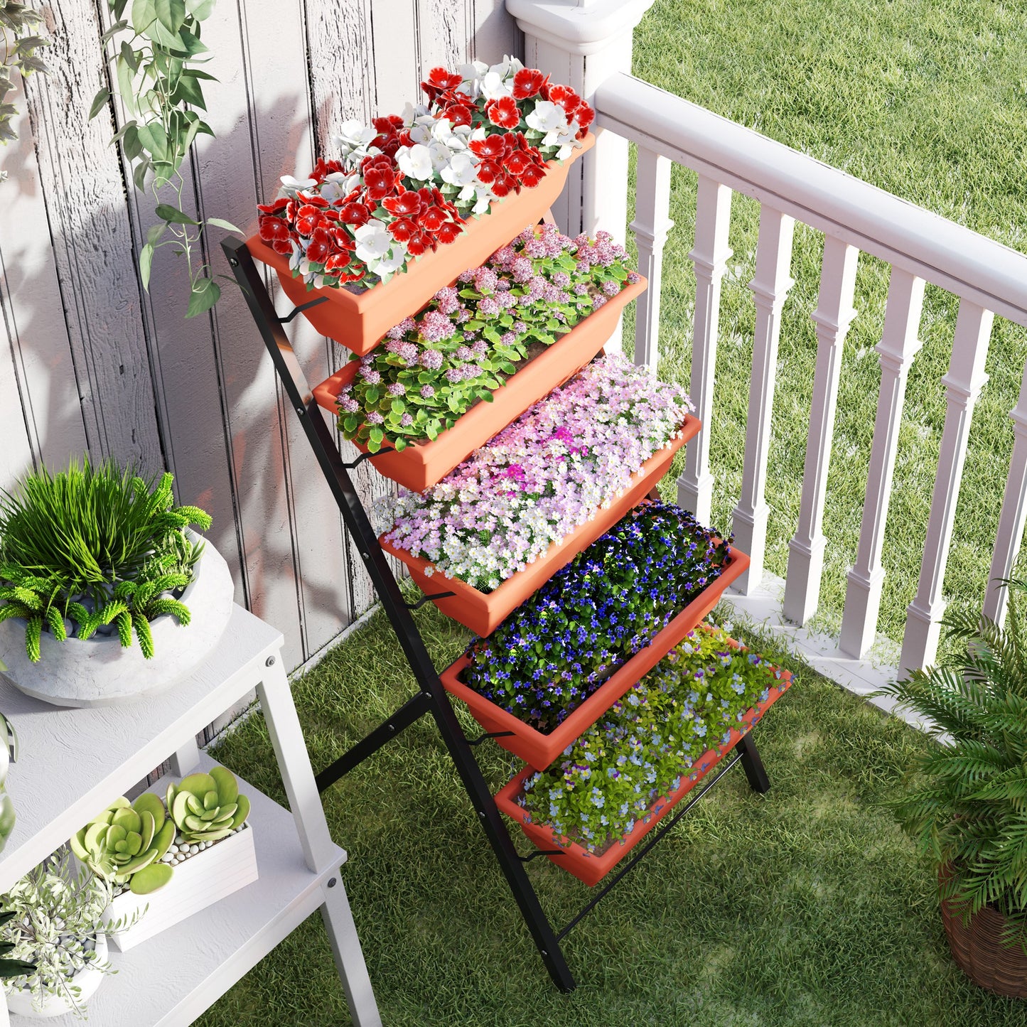 Outsunny 5-Tier Raised Garden Bed with 5 Planter Box, Outdoor Plant Stand Grow Containers with Leaking Holes, Brown