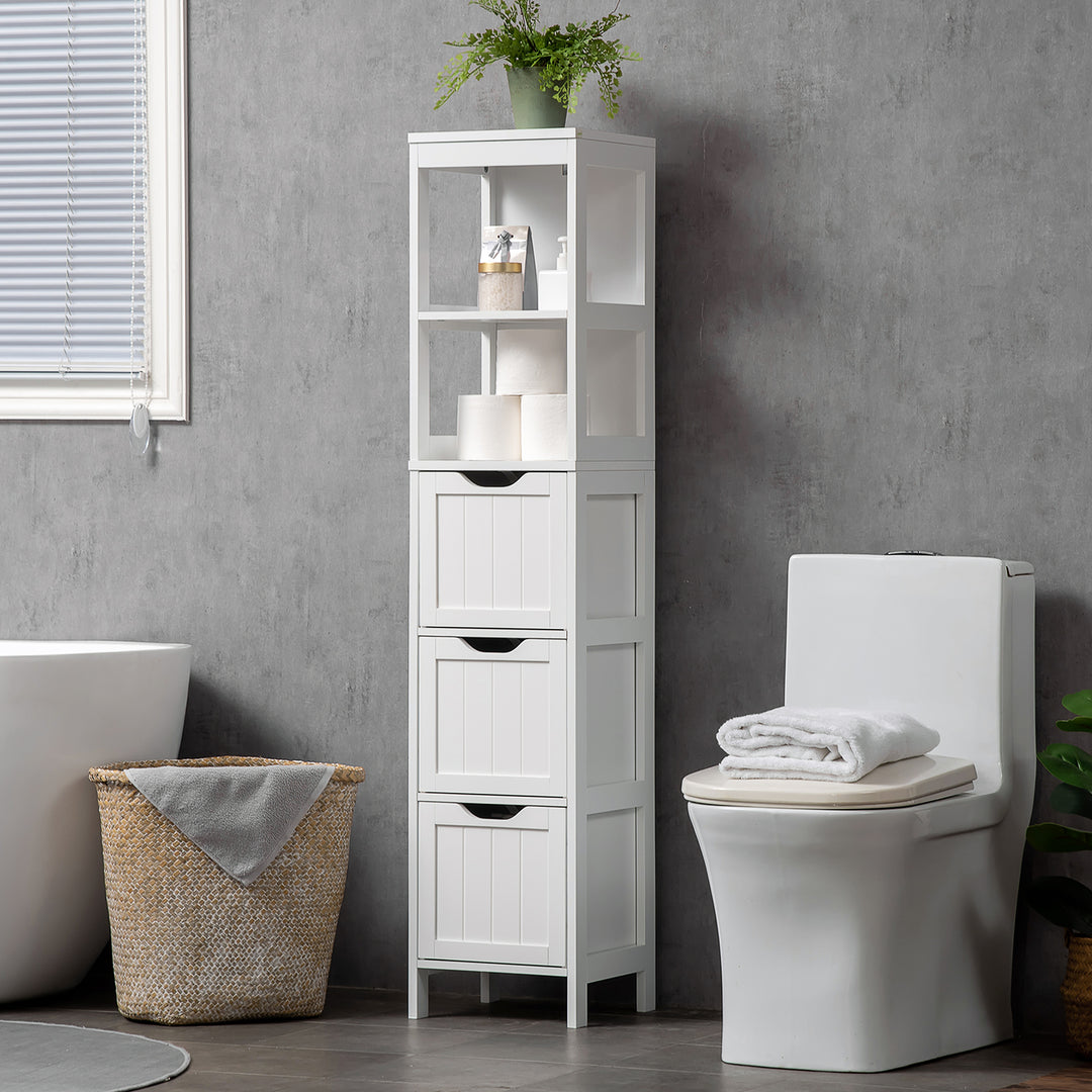 kleankin Narrow Bathroom Cabinet with 3 Drawers and 2 Tier Shelf, Tall Cupboard Freestanding Linen Tower, White