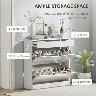 HOMCOM High Gloss Shoe Cabinet with 2 Flip Drawers and Adjustable Shelves, Narrow Shoe Storage Cabinet with Glass Top, White