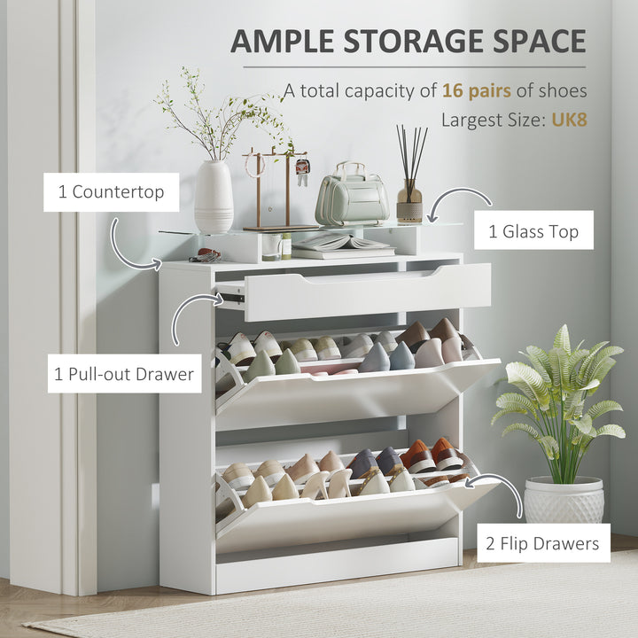 HOMCOM High Gloss Shoe Cabinet with 2 Flip Drawers and Adjustable Shelves, Narrow Shoe Storage Cabinet with Glass Top, White