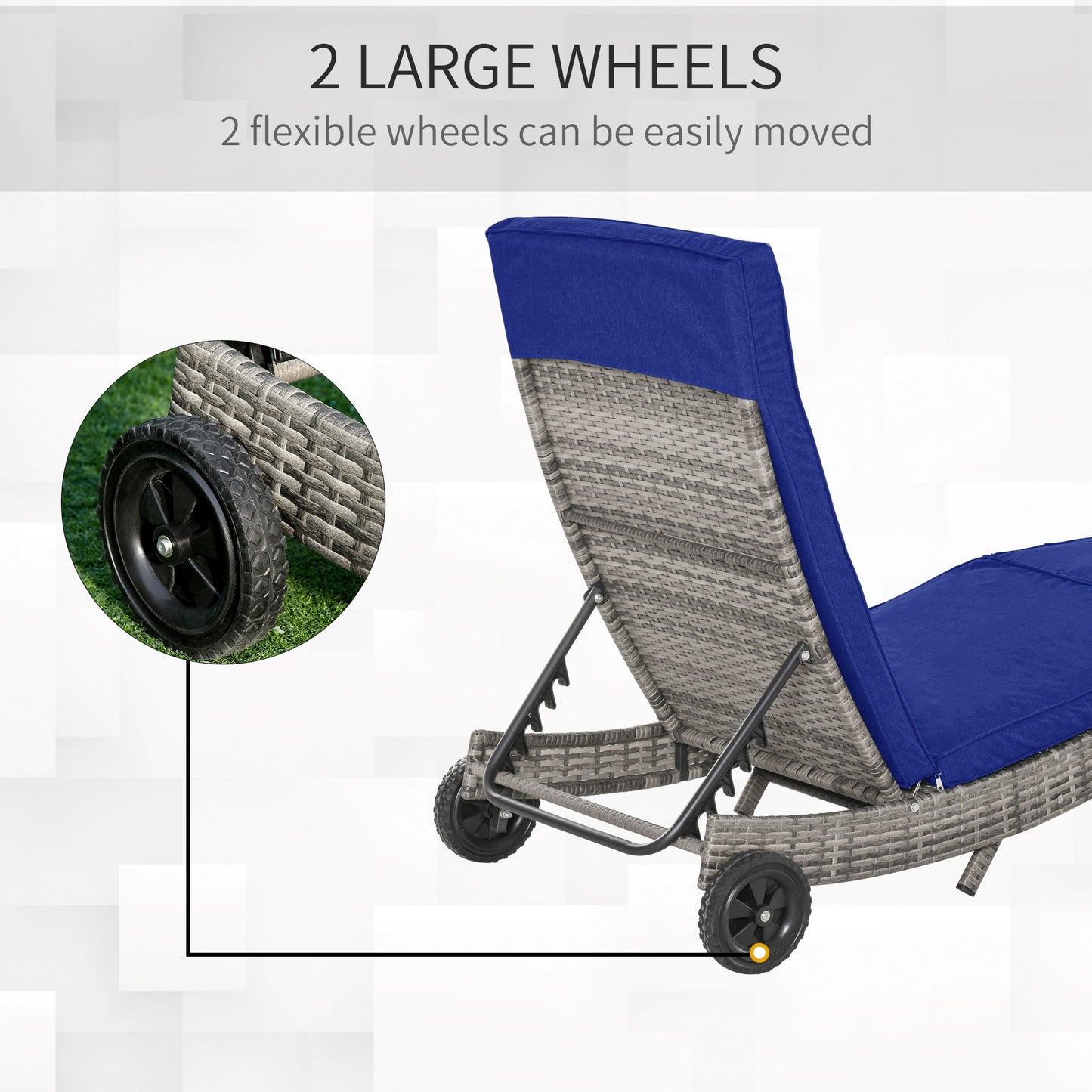 Outsunny Outdoor Adjustable Wicker Chaise Lounge Chair with Cushion & Wheels for Patio, Deck, Poolside, Sky Blue