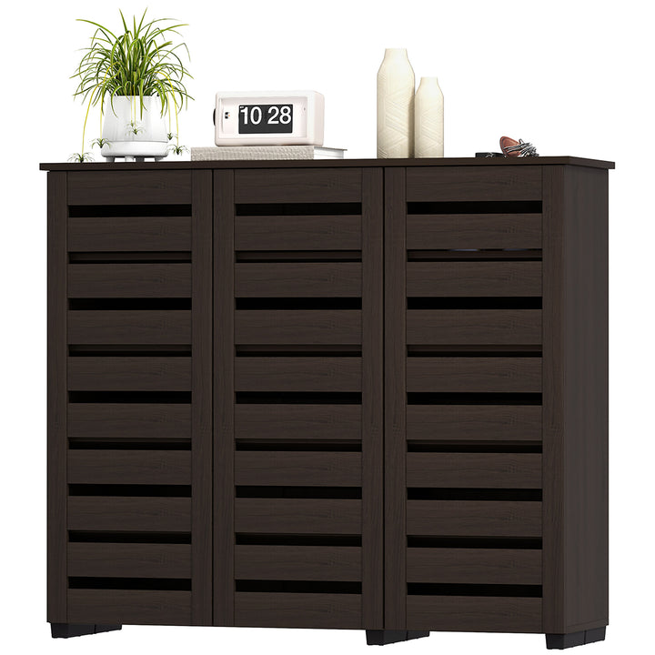 HOMCOM Narrow Shoe Cabinet with Slatted Doors, Adjustable Shelves for 20 Pairs of Shoes, Shoe Cabinet for Entryway, Dark Brown