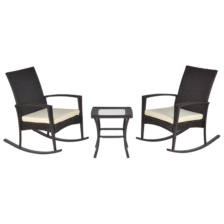Outsunny 3 Pieces Patio Wicker Rocking Chair Set,  Outdoor PE Rattan Bistro Set Conversation Rocker Set with 2 Chairs 1 Coffee Table for Backyard, Deck, Poolside, Dark Grey