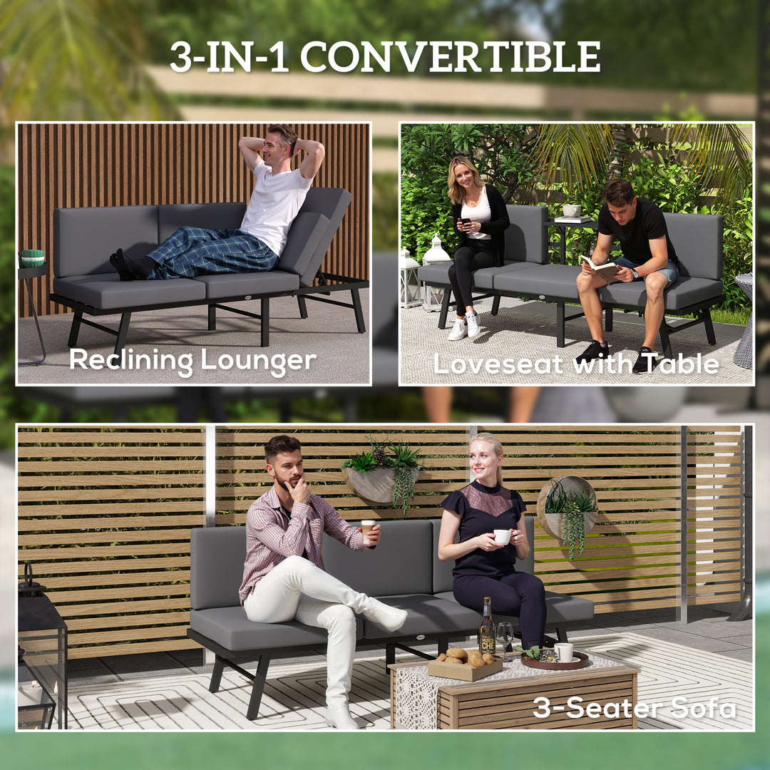 Outsunny 3-in-1 3-Seater Outdoor Sofa, Lounge Chair with 5-Position Adjustable Back, Patio Loveseat with Folding Table, Grey
