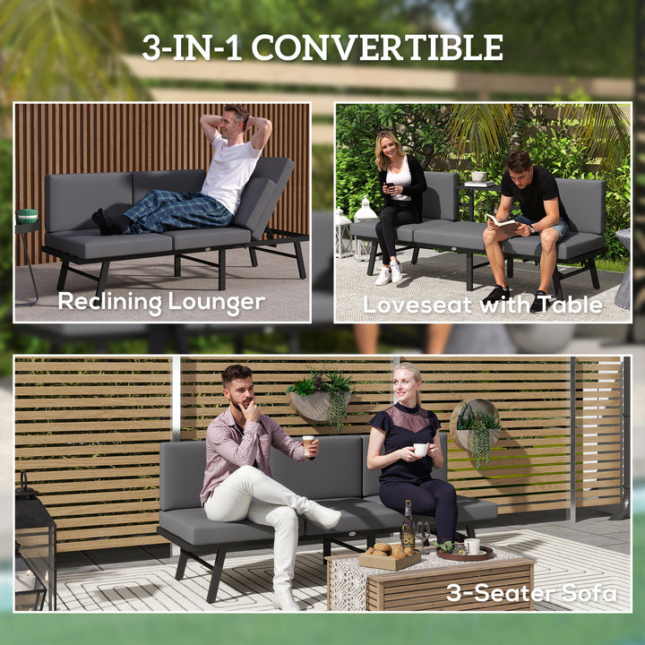 Outsunny 3-in-1 3-Seater Outdoor Sofa, Lounge Chair with 5-Position Adjustable Back, Patio Loveseat with Folding Table, Grey