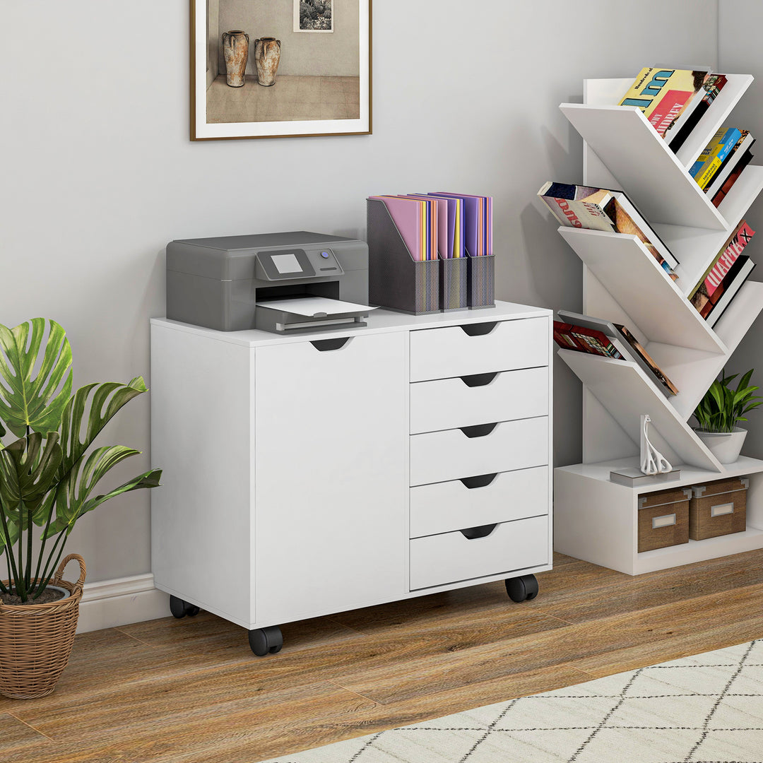 HOMCOM Lateral Filing Cabinet, 5-Drawers File Cabinet with Door and Adjustable Shelf, Mobile Office Storage Cabinet on Wheels, Printer Stand for Home Office, Black