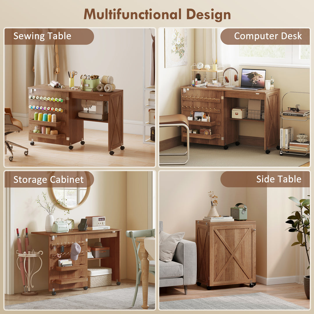 HOMCOM Sewing Machine Table on Wheels, Folding Craft Table with 2 Bins, Storage Shelf, 18 Pegs, Lockable Wheels, Brown