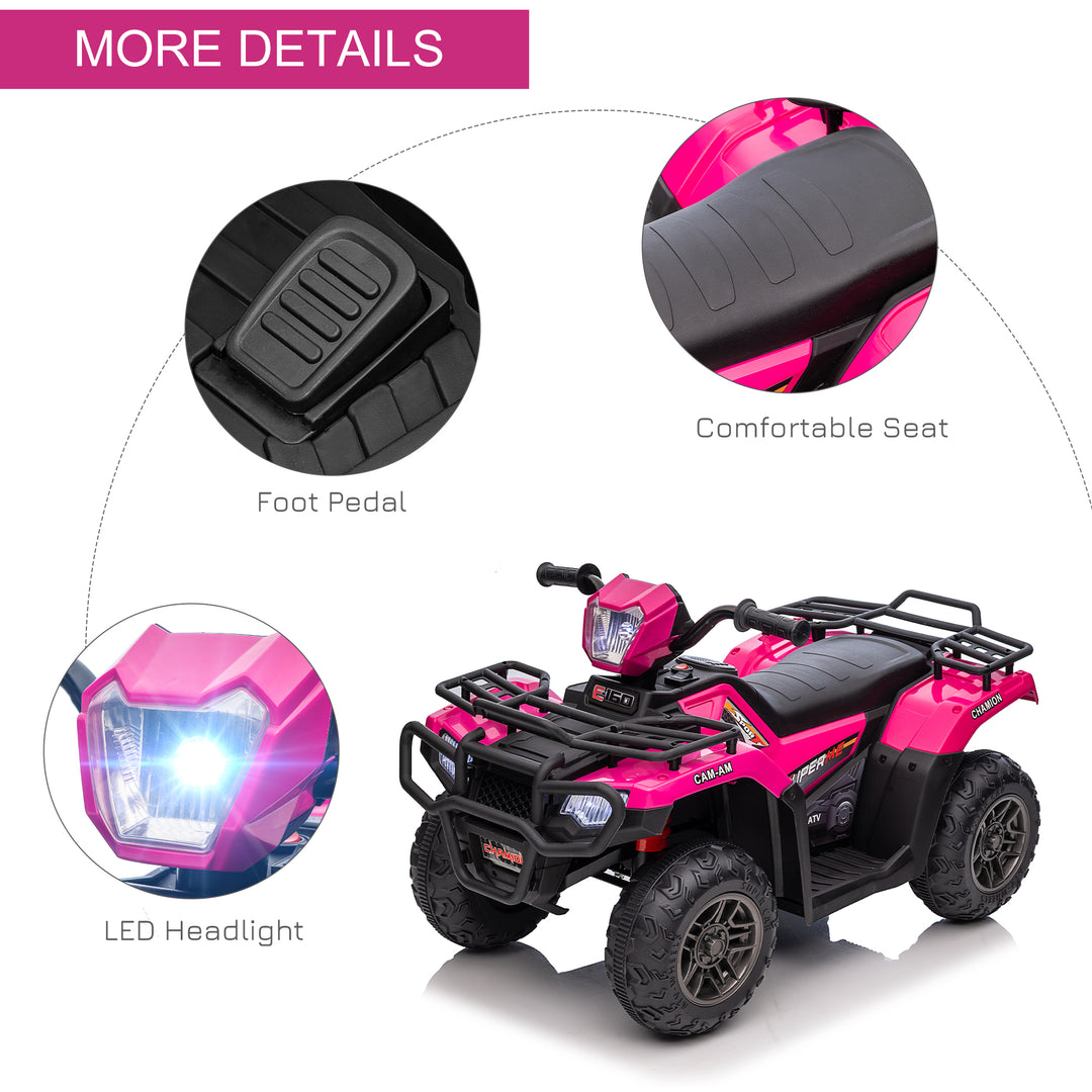 Aosom 12V Kids ATV Quad, 4 Wheeler Battery Powered Electric Vehicle with Music MP3, Headlights, High Low Speed, Treaded Tires, for Boys and Girls Ages 37-60 Months, Pink