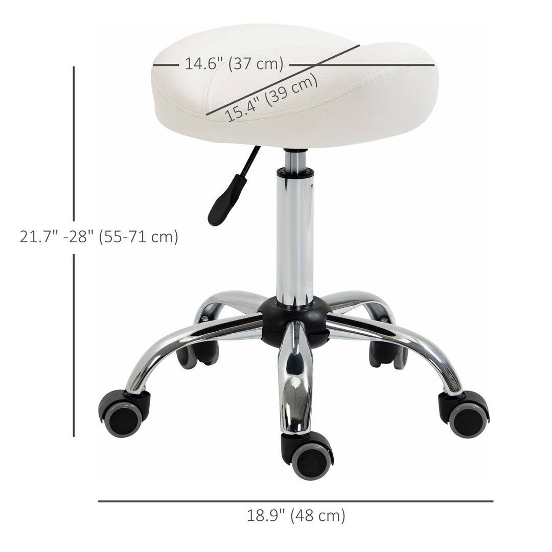 HOMCOM Saddle Stool, Height Adjustable Rolling Salon Chair with PU Leather for Massage, Spa, Clinic, Beauty and Tattoo, White