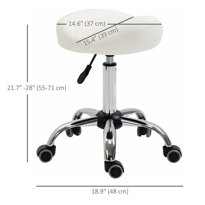 HOMCOM Saddle Stool, Height Adjustable Rolling Salon Chair with PU Leather for Massage, Spa, Clinic, Beauty and Tattoo, White