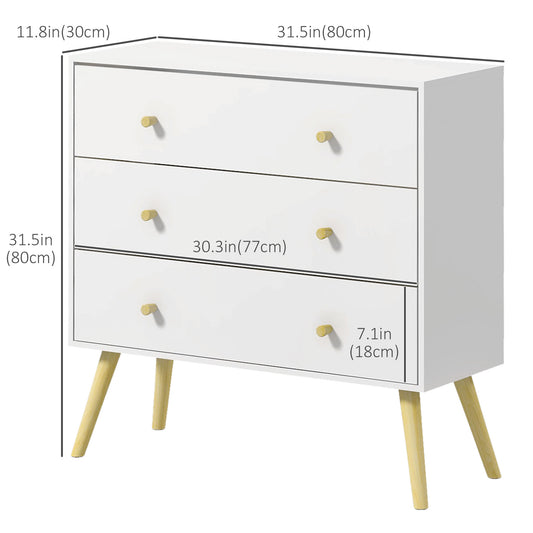 HOMCOM White Dresser for Bedroom with 3 Drawers, Morden Chest of Drawers with Solid Wood Legs and Handles, Storage Organizer for Living Room, White