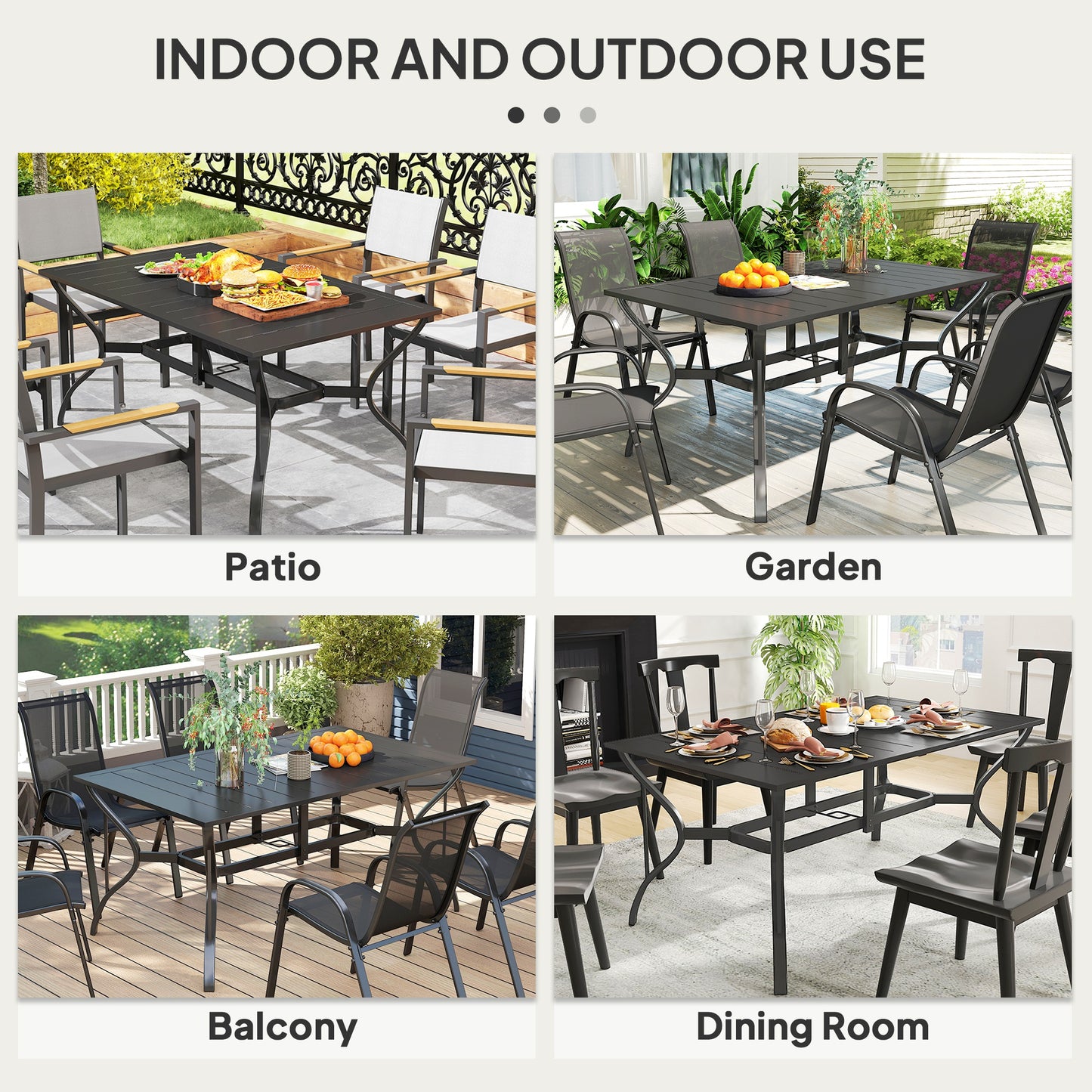 Outsunny Rectangle Patio Dining Table with Umbrella Hole, Outdoor Dining Table for 6 with Steel Frame for Garden, Balcony, Black
