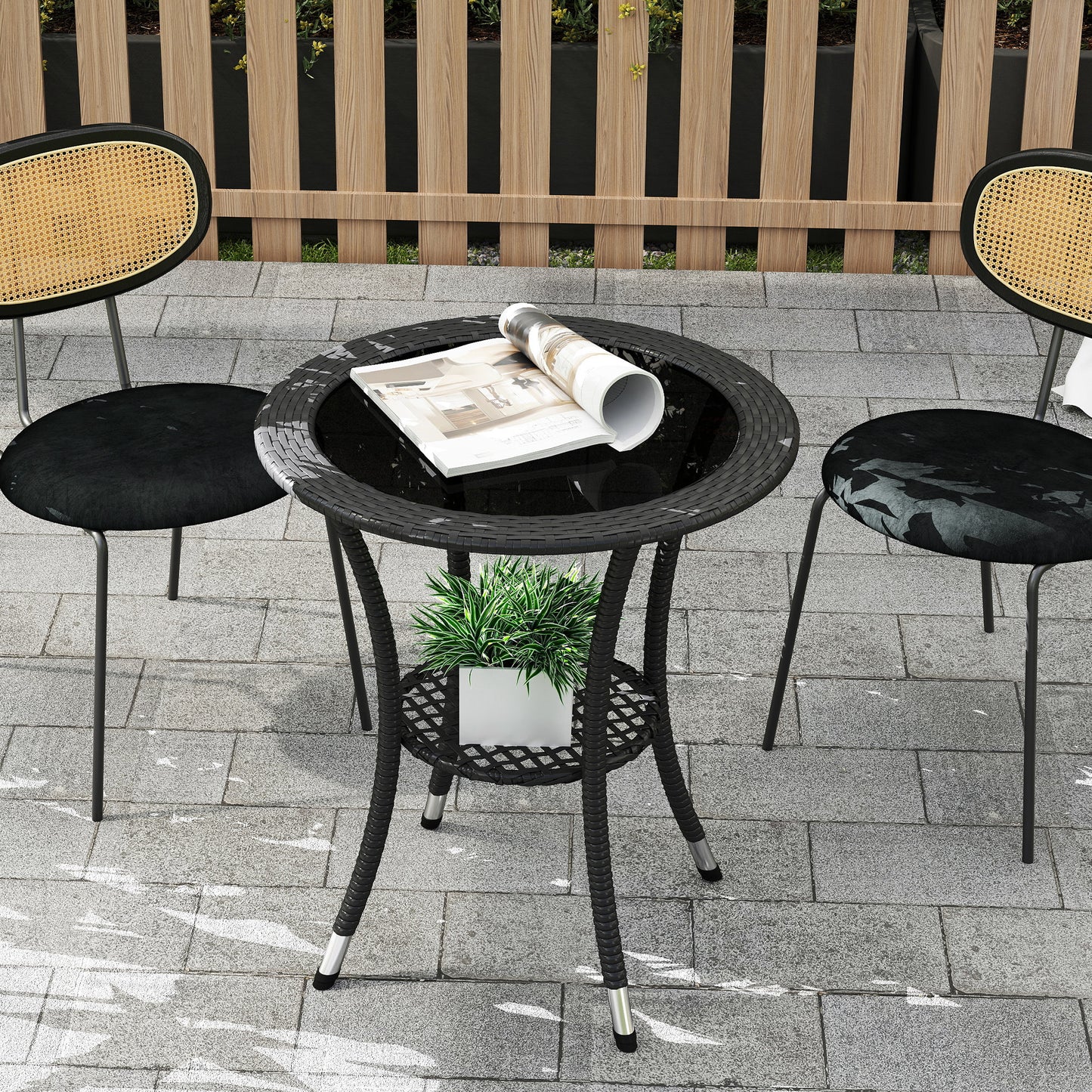 Outsunny Outdoor Rattan Dining Table, Patio Wicker Round Coffee Table with 2-Tier Storage Shelf, Brown