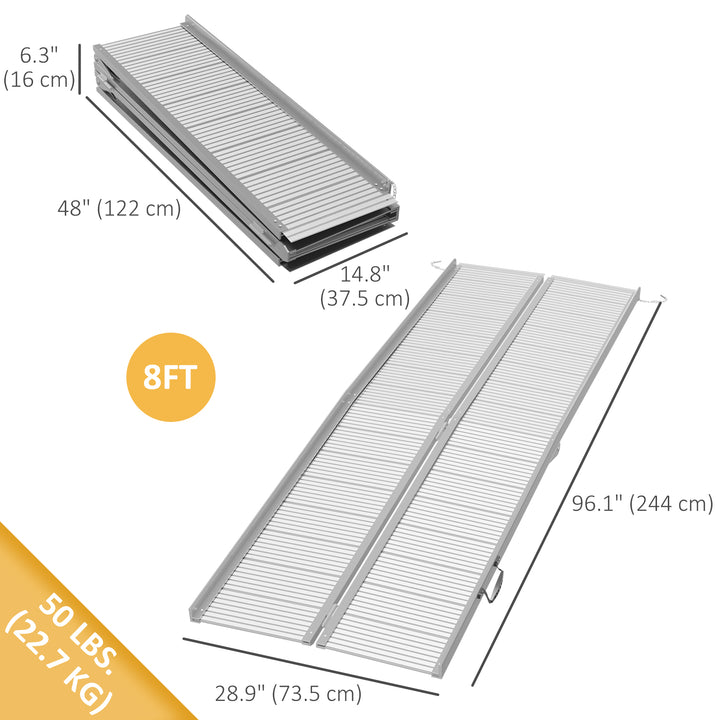 HOMCOM 8' Foldable Handicap Ramp for Home, Steps, Doorways, Aluminum Portable Wheelchair Ramp, Textured Threshold Ramp, Silver