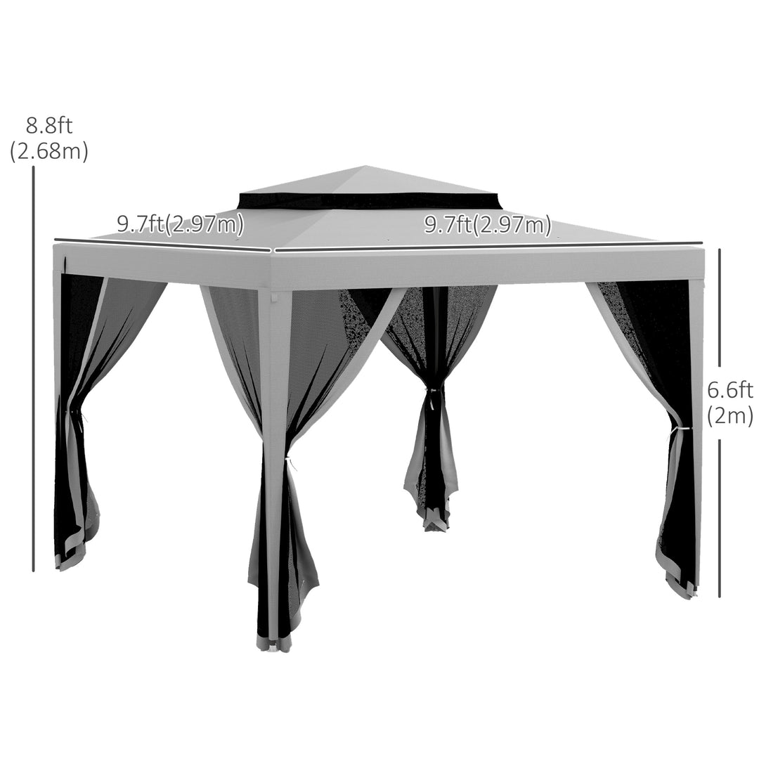 Outsunny 10' x 10' Outdoor Canopy Tent Party Tent with Mesh Netting and Double Tier Roof for Backyard, Garden, Patio, Light Grey