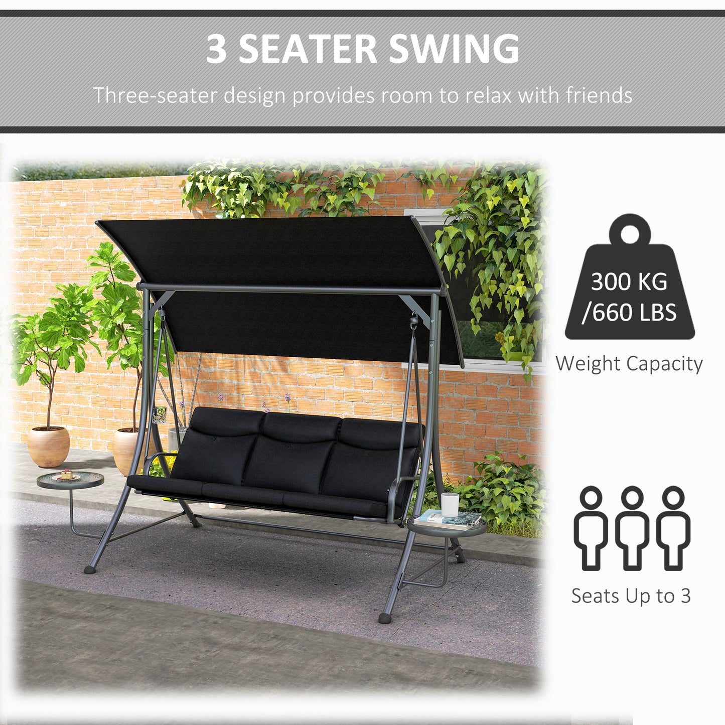Outsunny 3 Seat Outdoor Swing Chair Steel Swing Bench Porch Swing With Adjustable Canopy & Coffee Tables & Cushion for Patio Garden, Black
