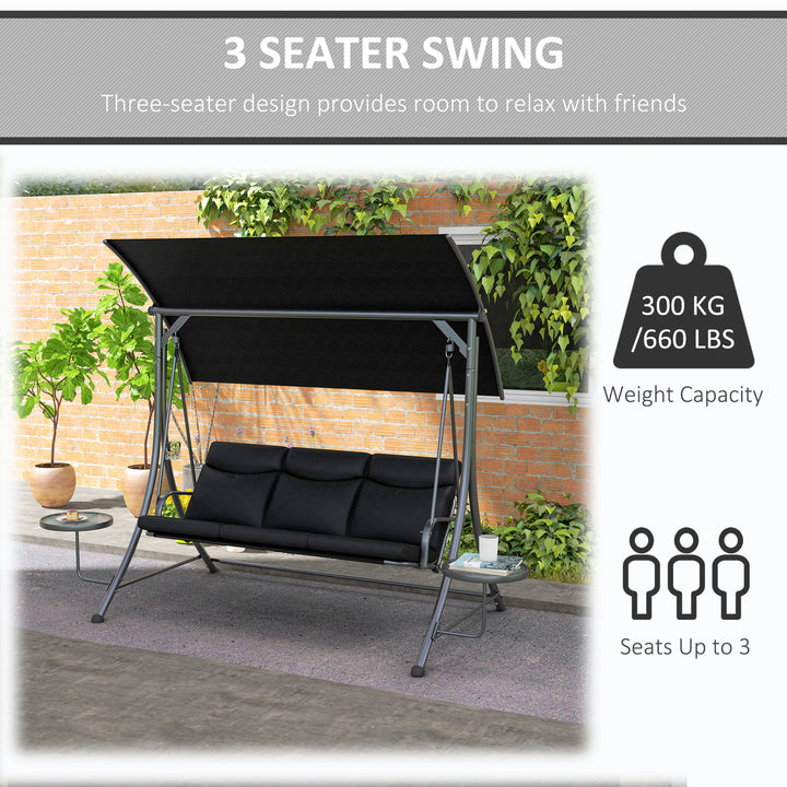 Outsunny 3 Seat Outdoor Swing Chair Steel Swing Bench Porch Swing With Adjustable Canopy & Coffee Tables & Cushion for Patio Garden, Black