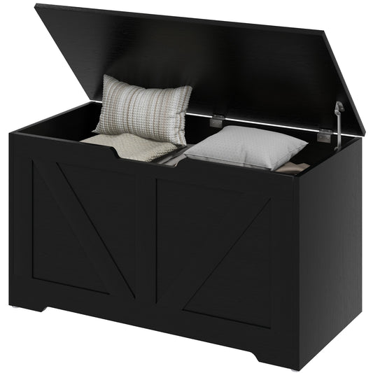 HOMCOM 31.5 Inches Storage Chest, Storage Trunk with 2 Safety Hinges, Wooden Box for Living Room, Black Wood Grain