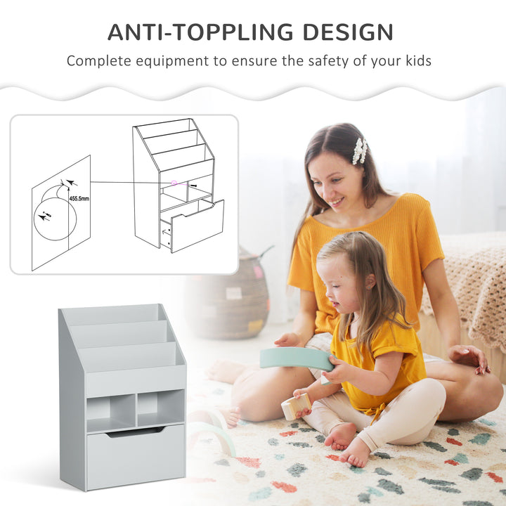 HOMCOM Kids Bookcase Multi-Shelf Rack Organizer with Storage Drawer for Books for Reading Nook, Classroom, Bedroom, Playroom, Grey