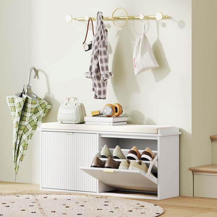 HOMCOM Entryway Bench with Padded Seat and Flip-Drawers, Holds up to 529lbs, Shoe Storage Bench for 10 Pairs of Shoes, White