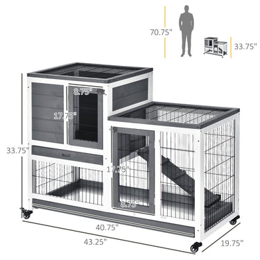 PawHut Wooden Rabbit Hutch, Indoor Bunny Cage with Wheels, Pull Out Trays, Run, Grey