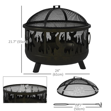 Outsunny Outdoor Metal Fire Pit, 24" Round Firepit Bowl w/ Lid Grill Poker Handles for Garden, Camping, BBQ, Bonfire, Black