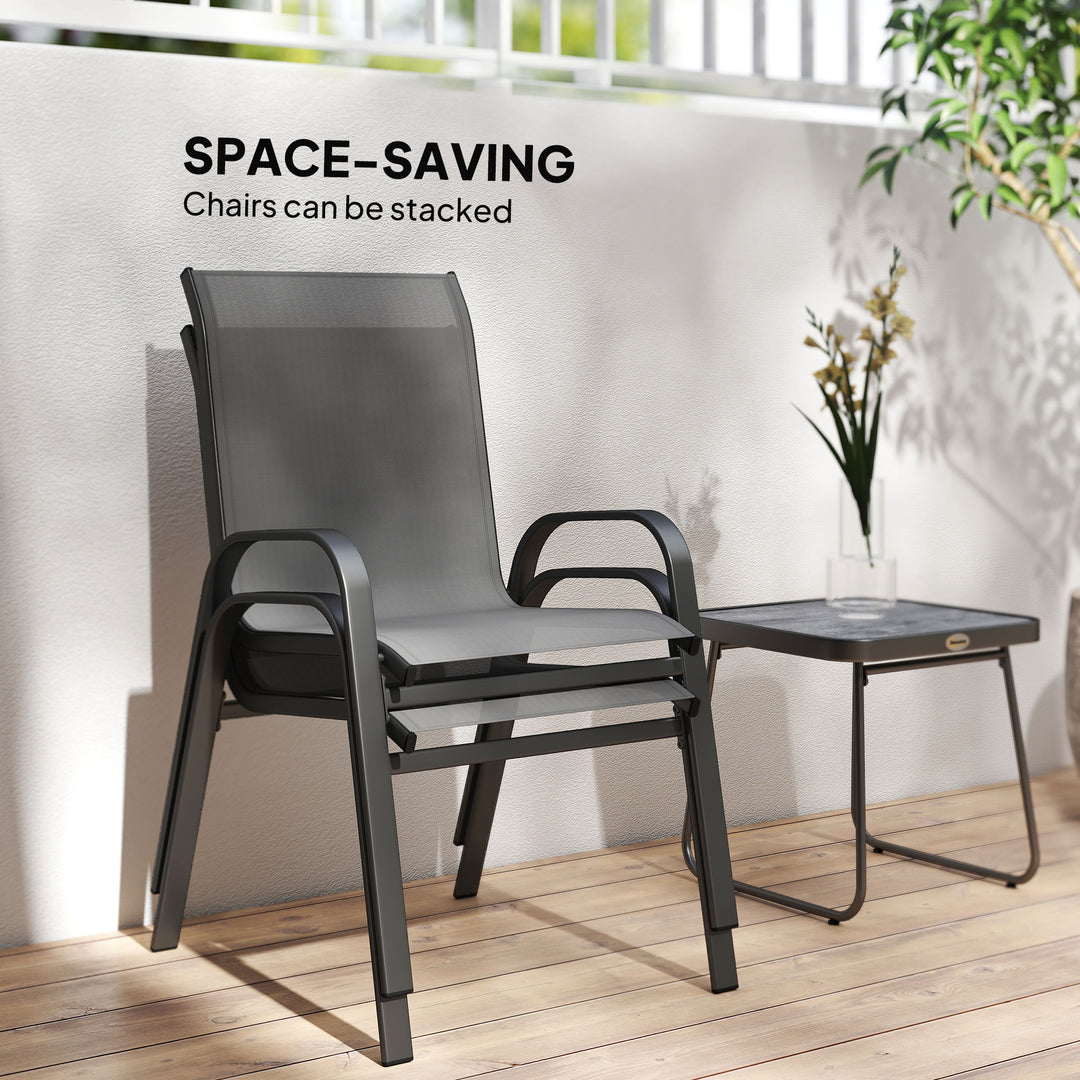 Outsunny Outdoor Bistro Set of 3, 3-Piece Patio Set with Breathable Mesh Fabric, Stackable Chairs and Square Table, Light Grey