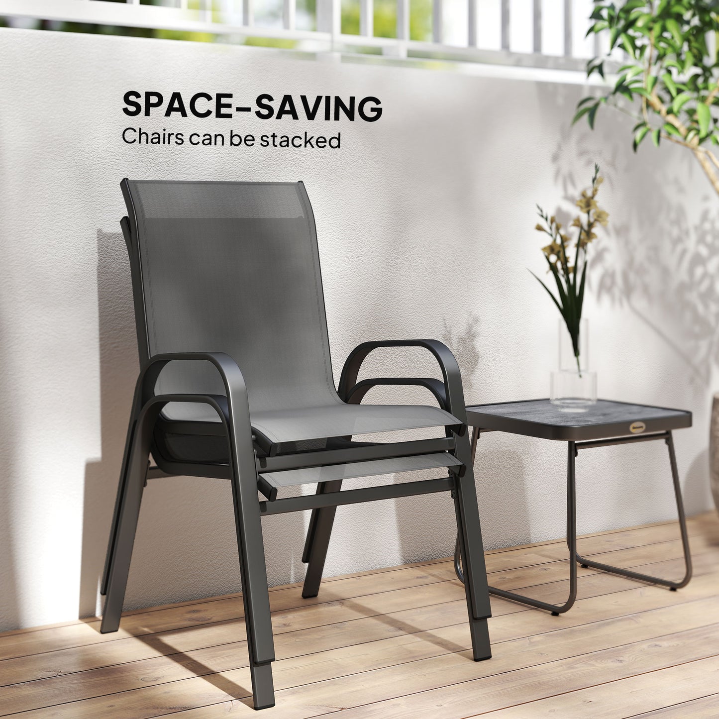 Outsunny Outdoor Bistro Set of 3, 3-Piece Patio Set with Breathable Mesh Fabric, Stackable Chairs and Square Table, Light Grey
