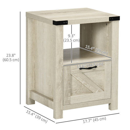 HOMCOM Side Table with Storage, Farmhouse End Table with Drawer, Open Shelf and Barn-style Panel, Nightstand for Living Room, Bedroom, Oak