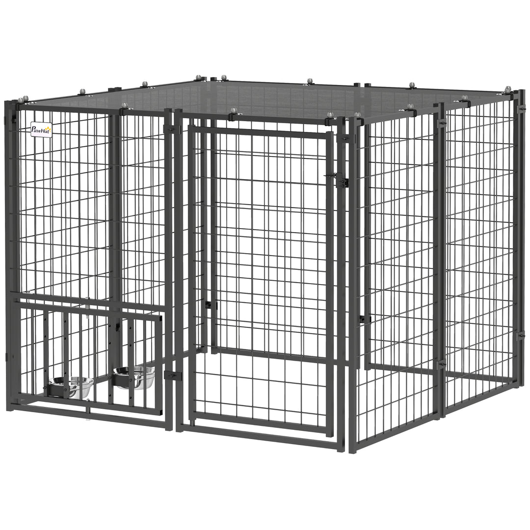 PawHut Outdoor Dog Run with Adjustable & Rotatable Dog Bowls, Sun-Shade Cover, for Small and Medium Dogs, 4.6' x 4.6' x 3.7'