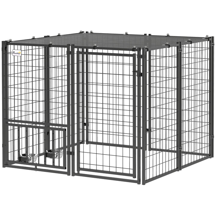 PawHut Outdoor Dog Run with Adjustable & Rotatable Dog Bowls, Sun-Shade Cover, for Small and Medium Dogs, 4.6' x 4.6' x 3.7'